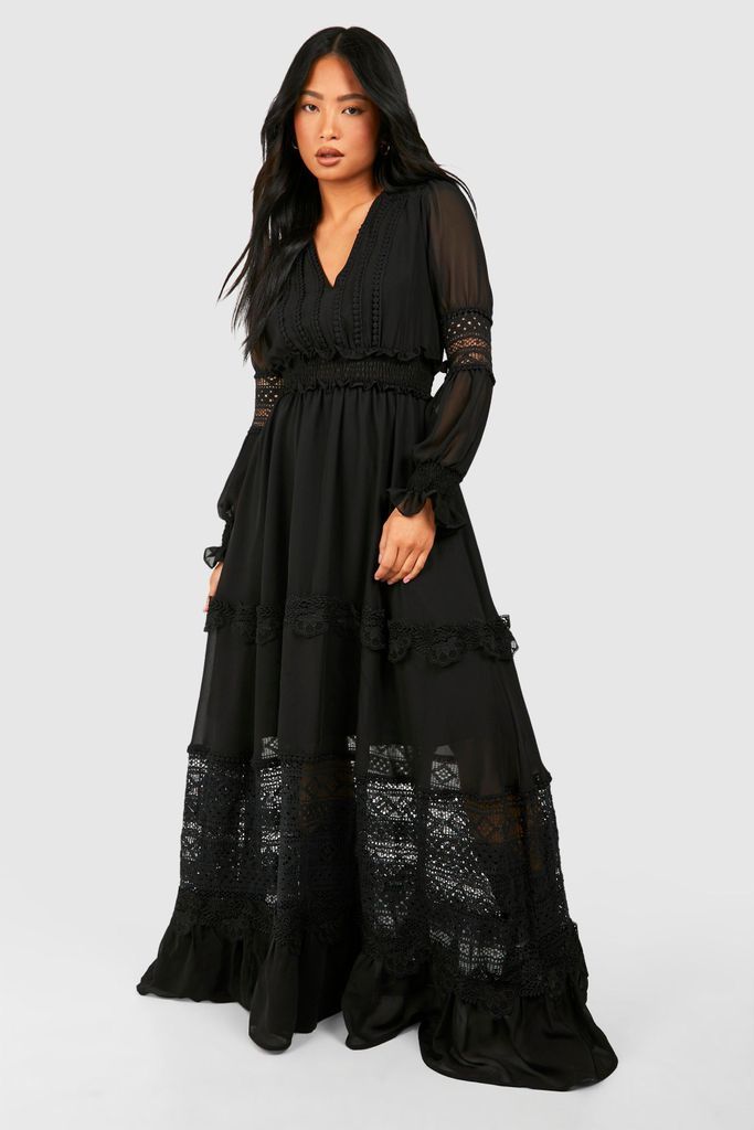Womens Petite Boho Lace Detail Tierred Maxi Dress - Black - 6, Black