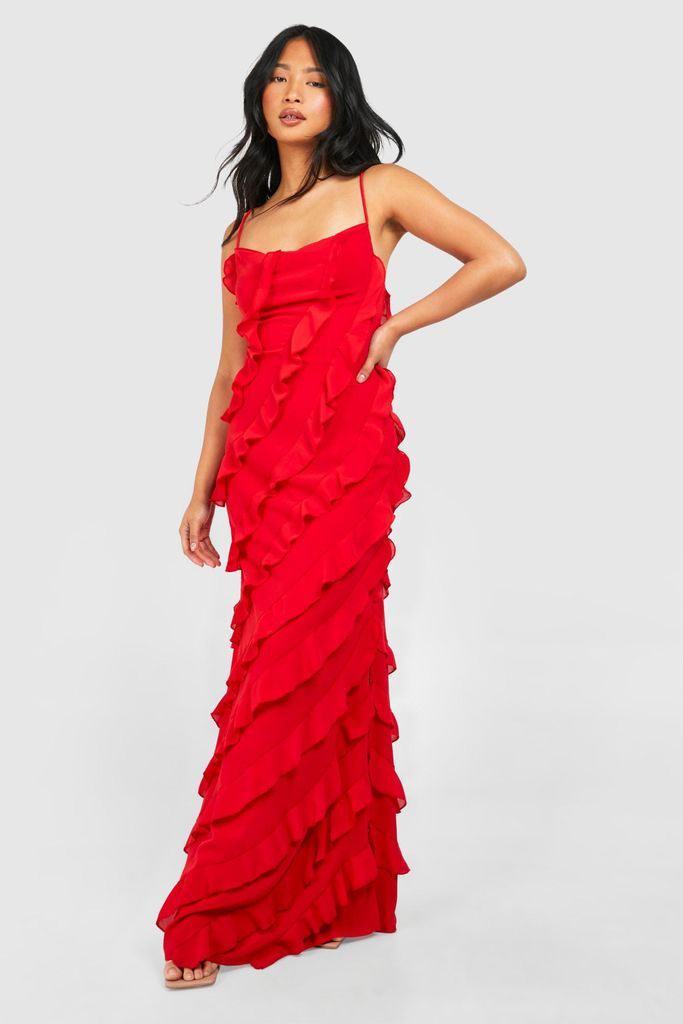 Womens Petite Strappy Ruffle Maxi Dress - Red - 6, Red