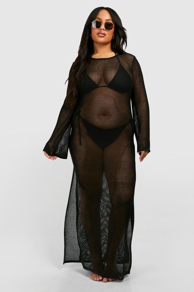 Womens Plus Crochet Cover-Up Beach Maxi Dress - Black - 16, Black