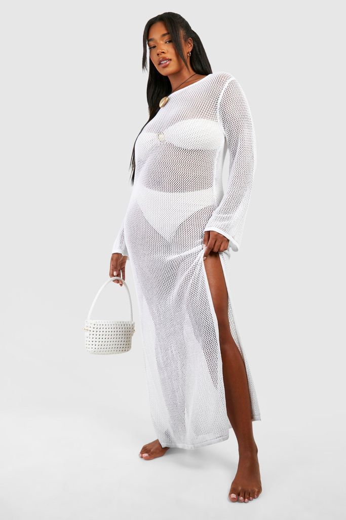 Womens Plus Crochet Cover-Up Beach Maxi Dress - White - 16, White