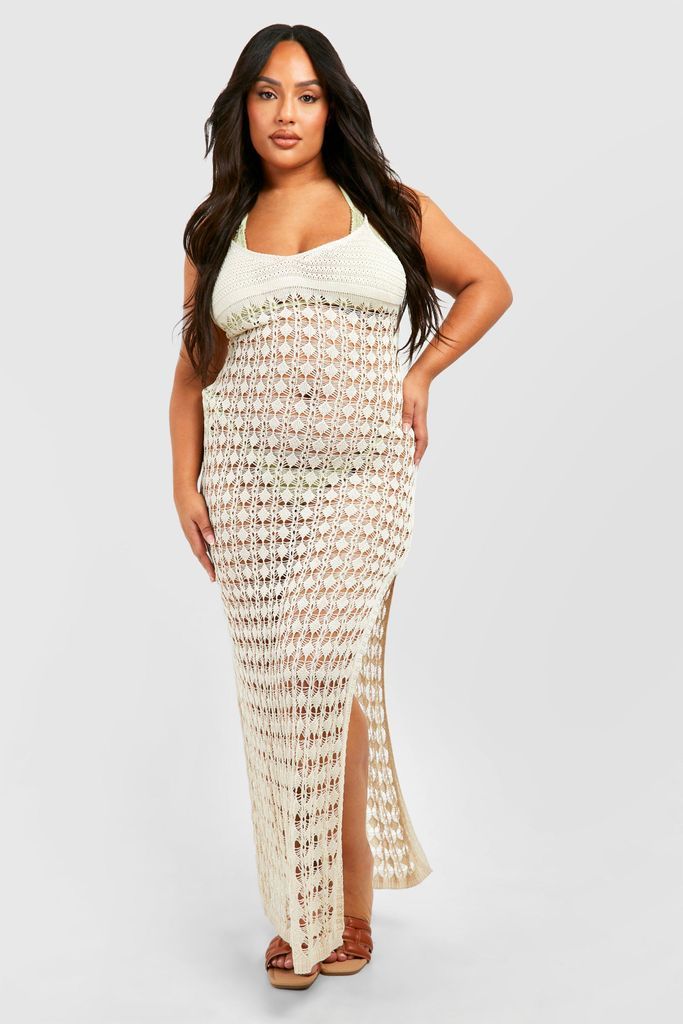 Womens Plus Crochet Strappy Beach Maxi Dress - Beige - 16, Beige