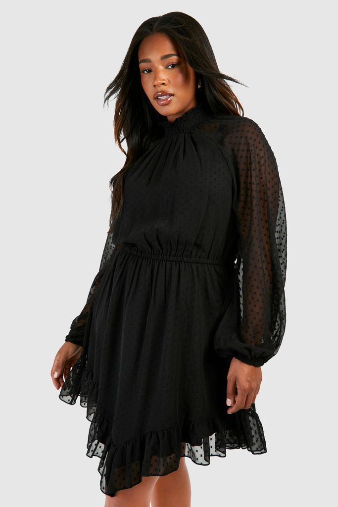 Womens Plus Dobby Mesh Long Sleeve Frill Hem Mini Dress - Black - 16, Black