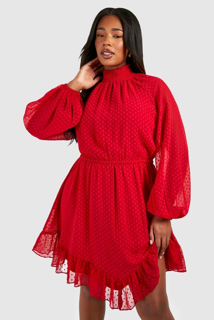 Womens Plus Dobby Mesh Long Sleeve Frill Hem Mini Dress - Red - 16, Red