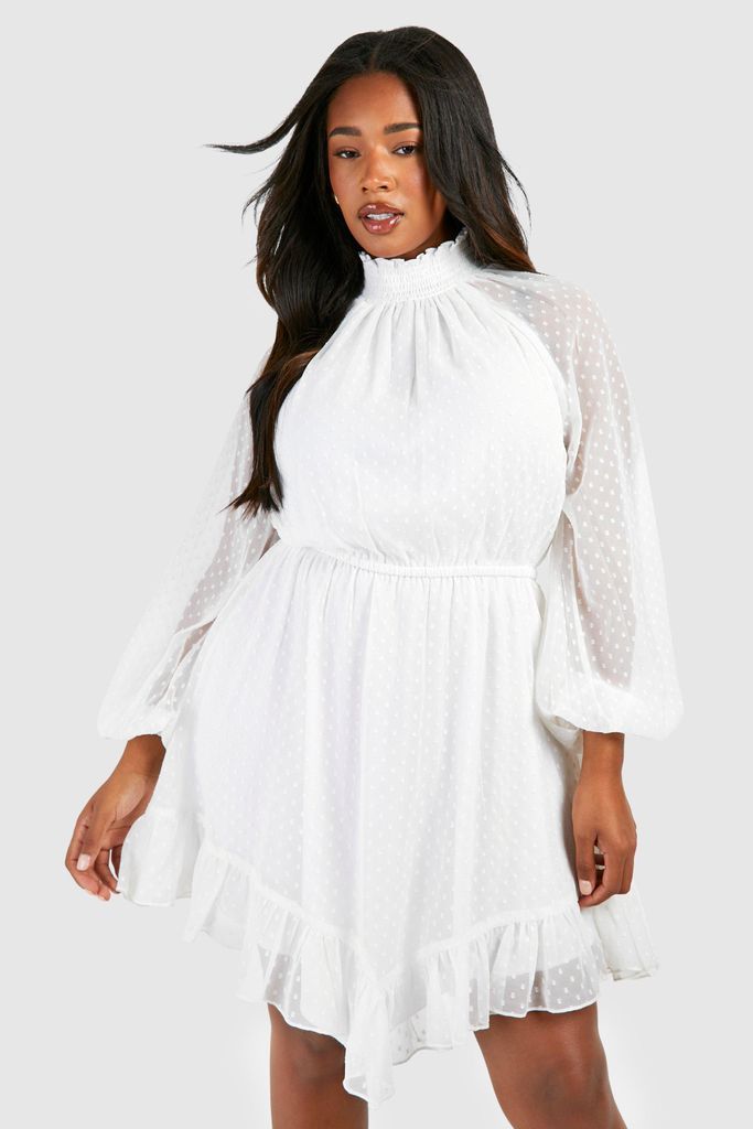 Womens Plus Dobby Mesh Long Sleeve Frill Hem Mini Dress - White - 28, White