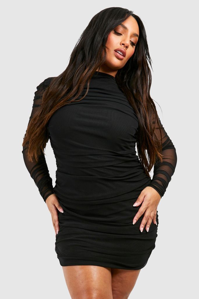 Womens Plus Ruched Mesh Bodycon Dress - Black - 16, Black