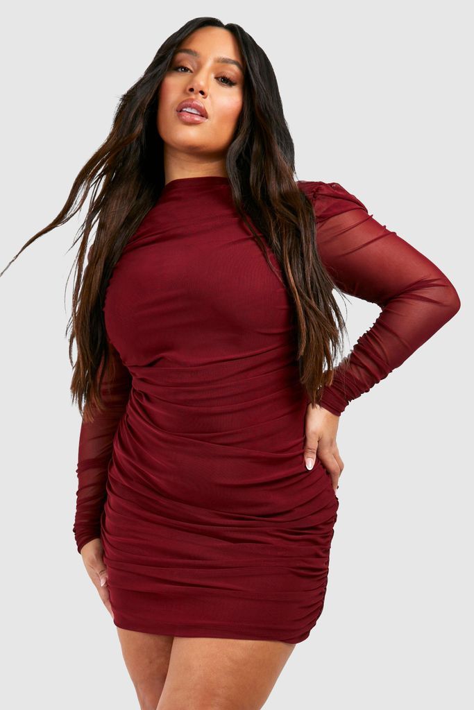 Womens Plus Ruched Mesh Bodycon Dress - Red - 22, Red