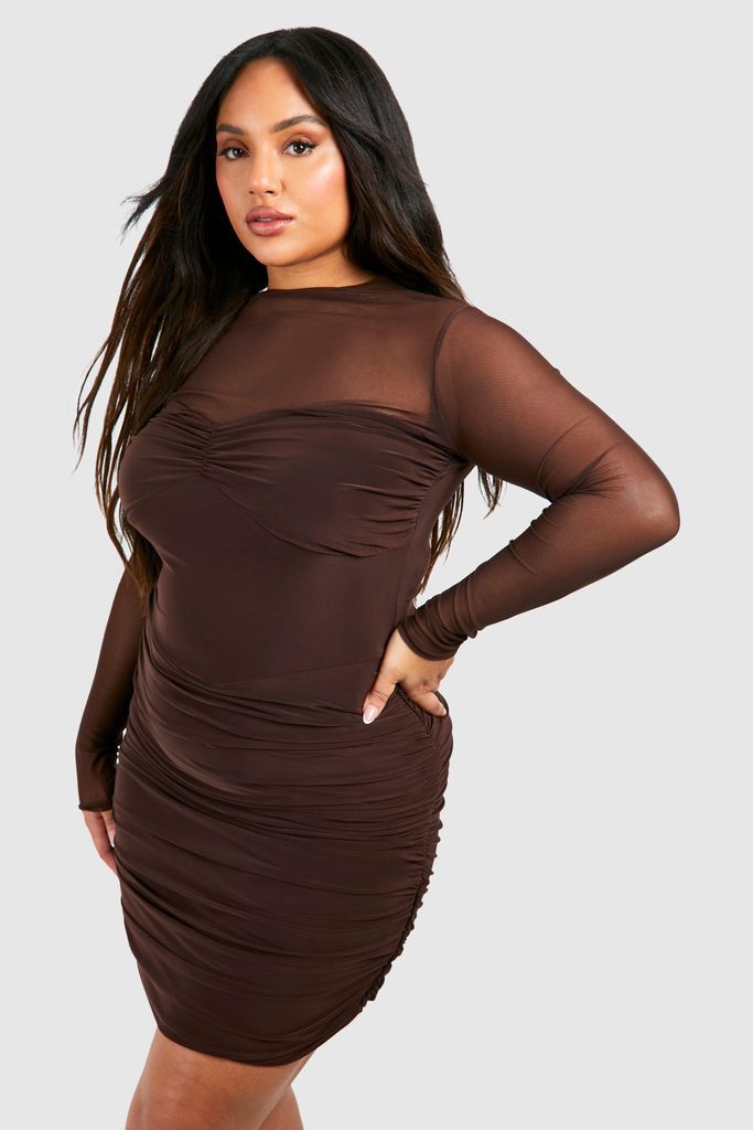 Womens Plus Ruched Slinky Bodycon Dress - Brown - 16, Brown