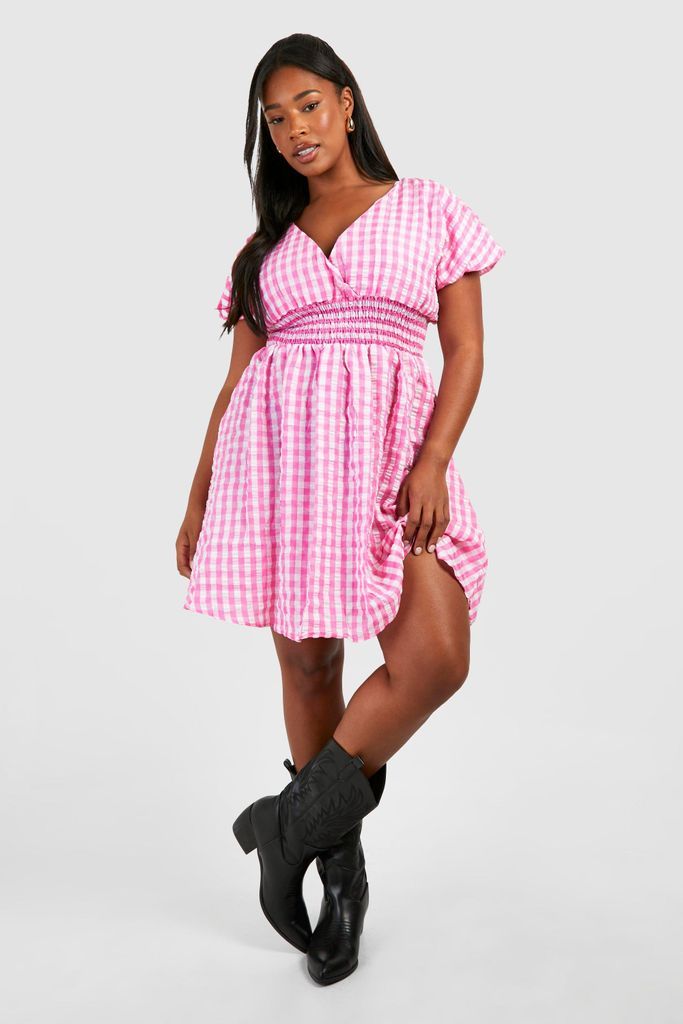 Womens Plus Textured Gingham Puff Sleeve Smock Dress - Pink - 28, Pink