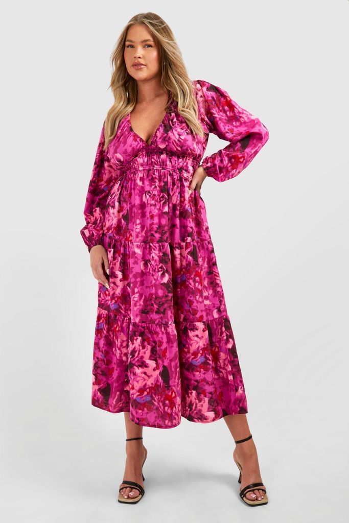 Womens Plus Woven Floral Print Long Sleeve V Neck Midaxi Dress - Purple - 16, Purple