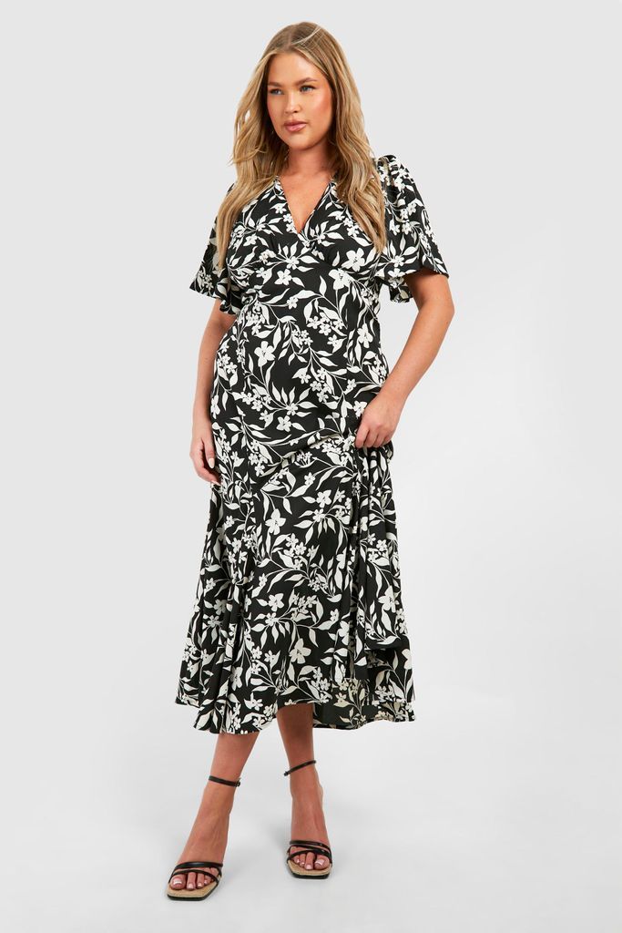 Womens Plus Woven Floral Print Short Sleeve V Neck Midaxi Dress - Black - 16, Black