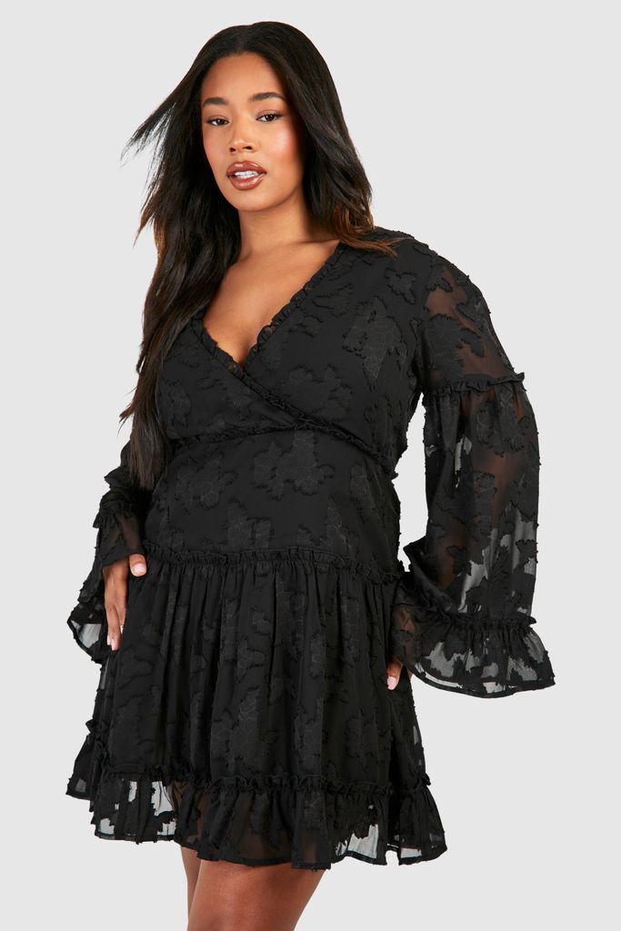 Womens Plus Woven Jaquard V Front Frill Mini Dress - Black - 16, Black