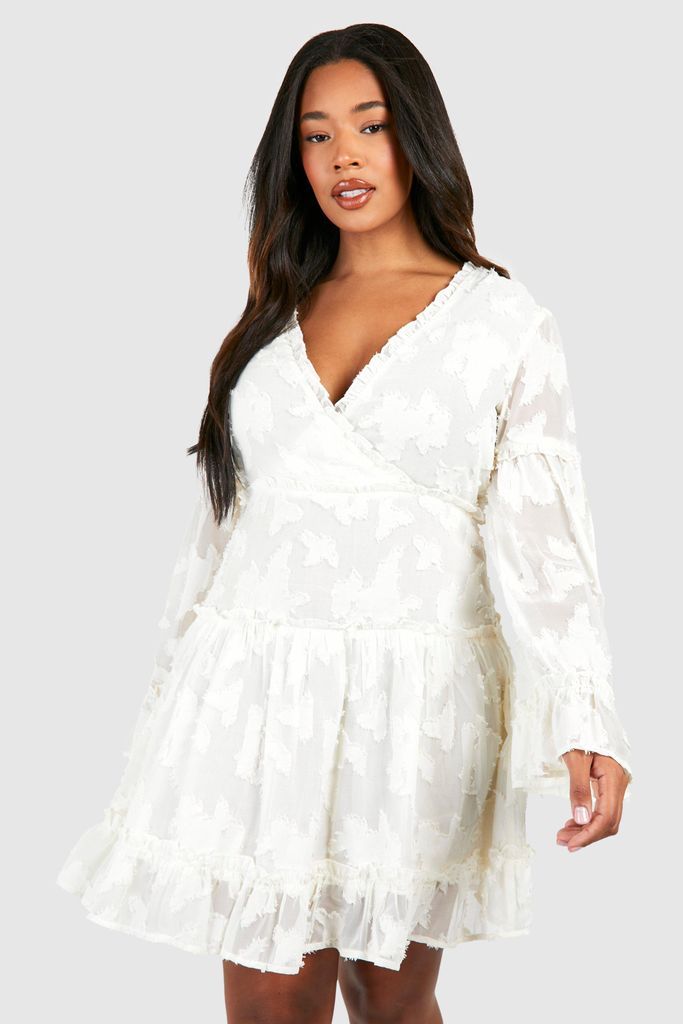 Womens Plus Woven Jaquard V Front Frill Mini Dress - White - 16, White
