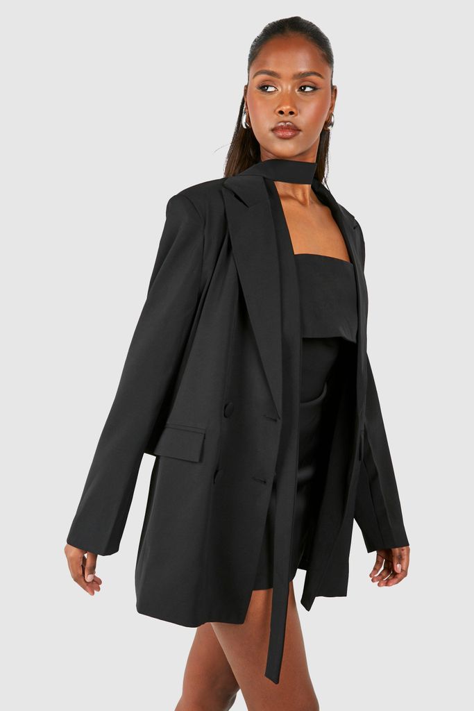 Womens Relaxed Fit Tailored Blazer & Neck Tie - Black - 8, Black
