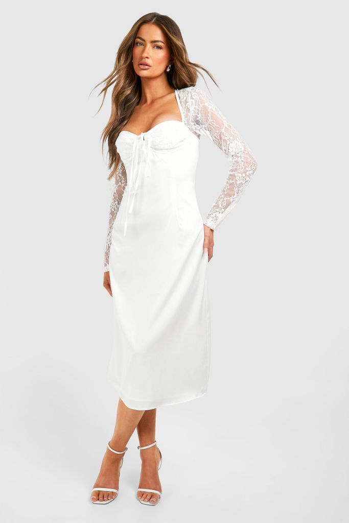 Womens Satin Lace Sleeve Midi Dress - White - 8, White