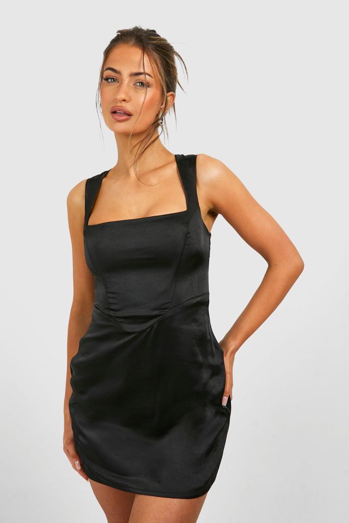 Womens Satin Square Neck Corset Mini Dress - Black - 8, Black