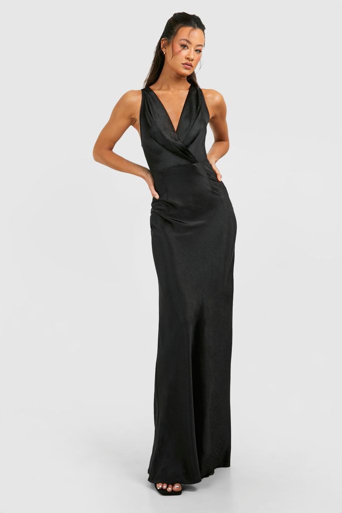 Womens Tall Bridesmaid Satin Cowl Wrap Front Maxi Dress - Black - 8, Black