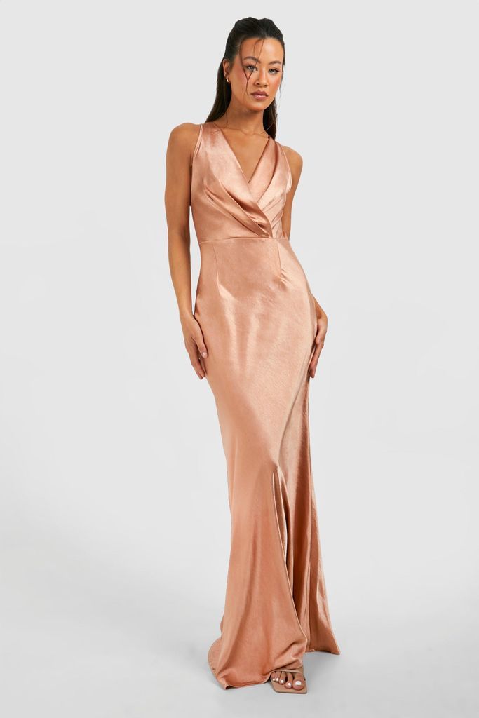 Womens Tall Bridesmaid Satin Cowl Wrap Front Maxi Dress - Bronze - 8, Bronze