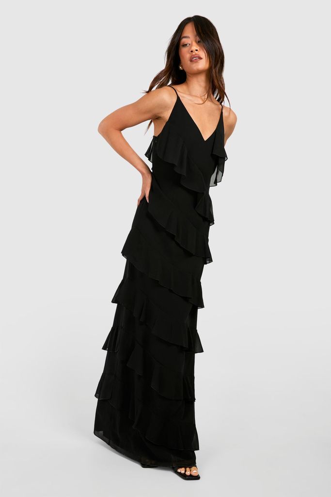 Womens Tall Chiffon Ruffle Maxi Dress - Black - 8, Black