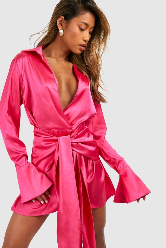 Womens Tie Front Satin Shirt Dress - Pink - 8, Pink