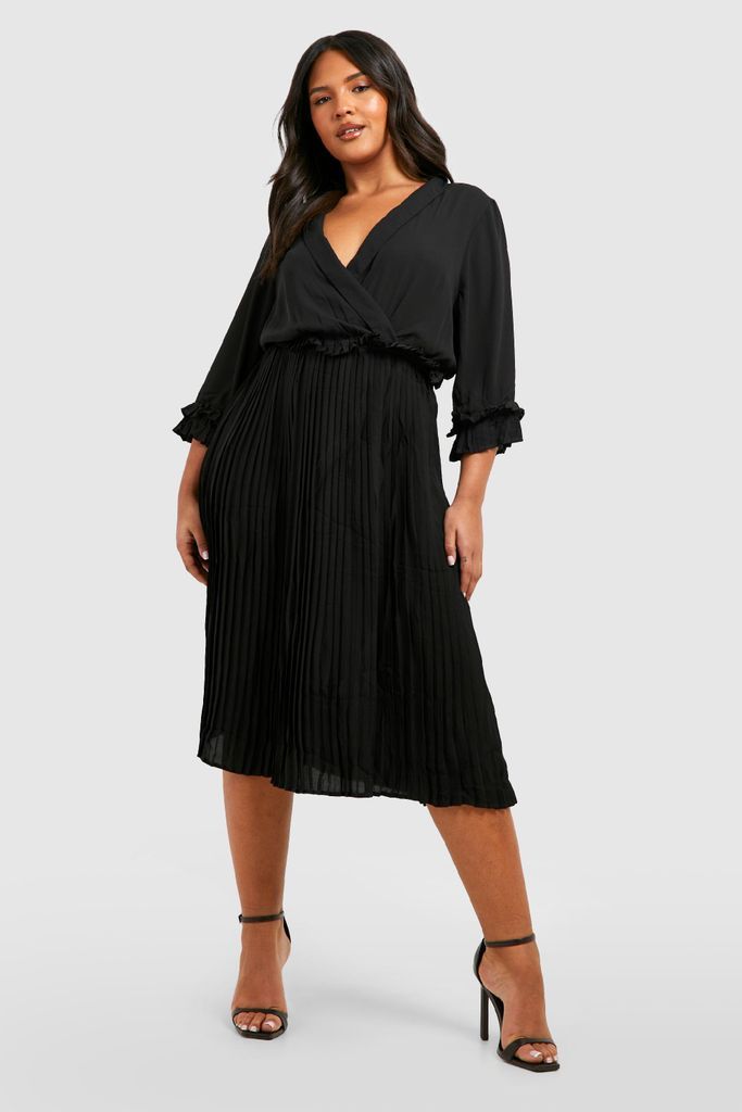 Womens Plus Ruffle Detail Pleated Midi Dress - Black - 28, Black