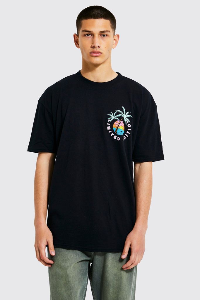 Men's Oversized Extended Neck Palm Emblem T-Shirt - Black - L, Black