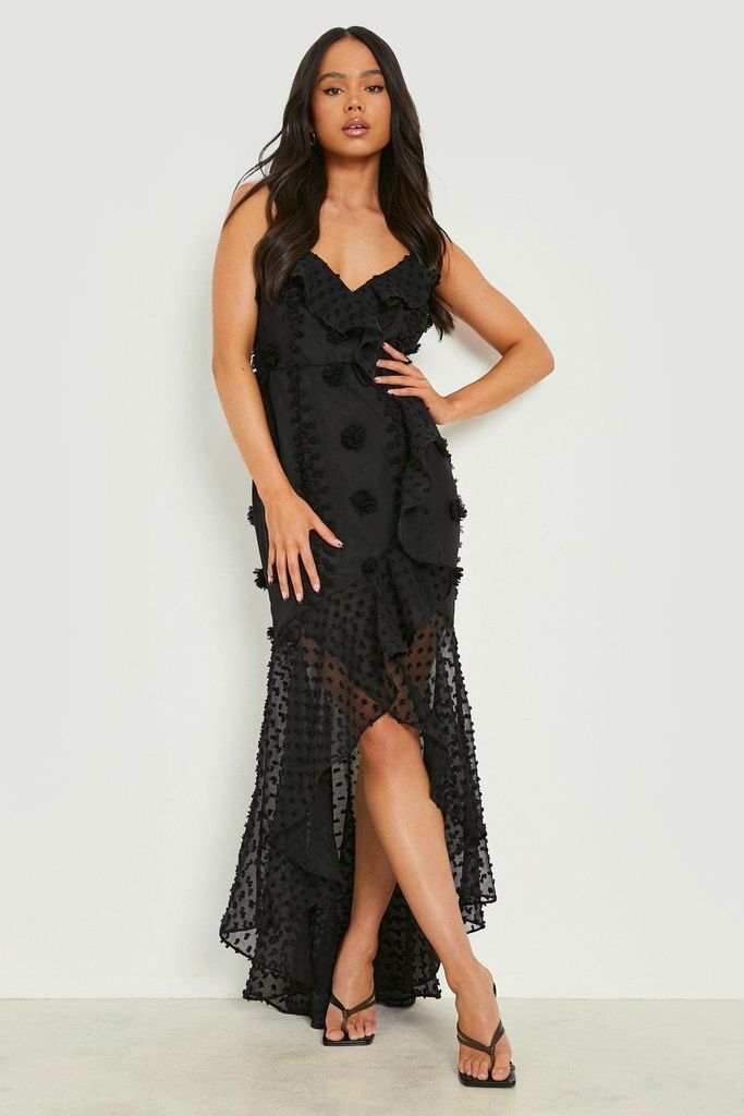Womens Petite Premium Texture Ruffle Wrap Maxi Dress - Black - 6, Black