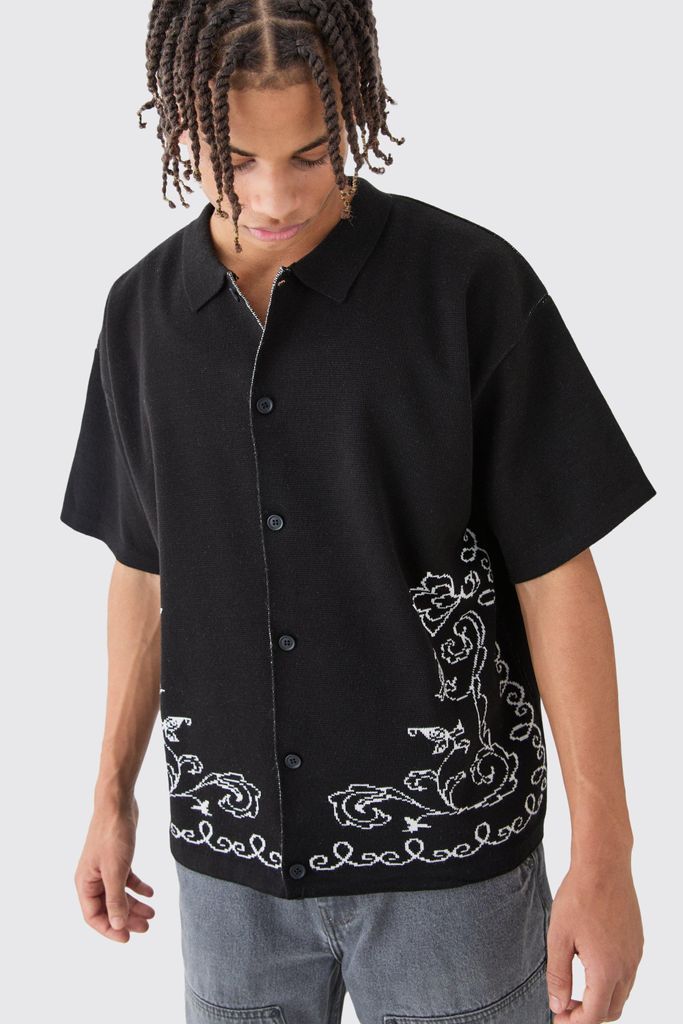 Men's Boxy Jacquard Knit Abstract Detail Shirt In Black - S, Black