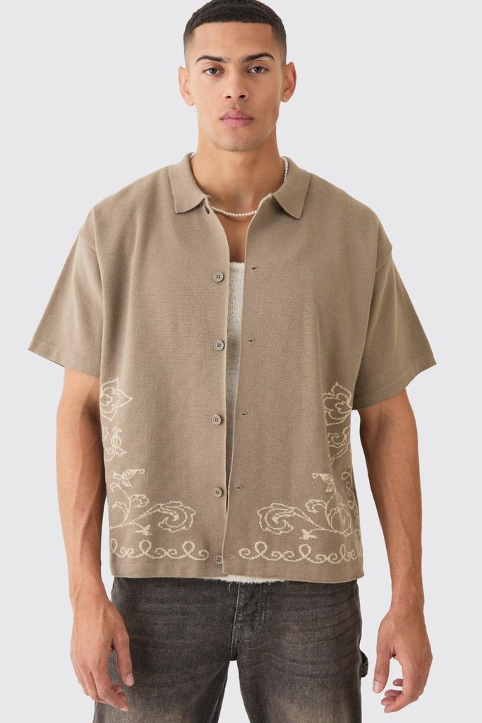 Men's Boxy Jacquard Knit Abstract Detail Shirt In Taupe - Beige - S, Beige