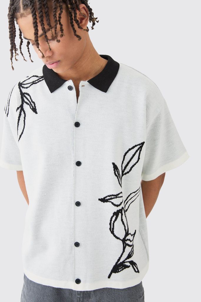 Men's Boxy Jacquard Knit Floral Detail Shirt In White - S, White