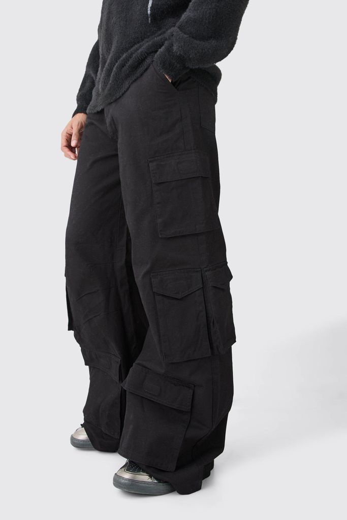Men's Extreme Baggy Rigid Multi Cargo Pocket Trousers - Black - 28, Black