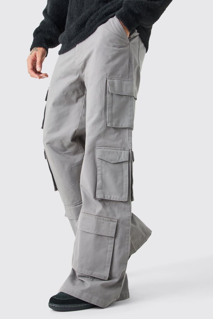 Men's Extreme Baggy Rigid Multi Cargo Pocket Trousers - Grey - 28, Grey