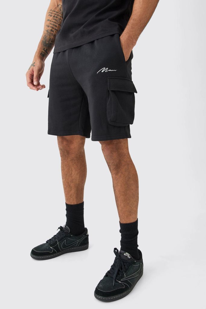 Men's Man Signature Mid Length Loose Cargo Shorts - Black - S, Black