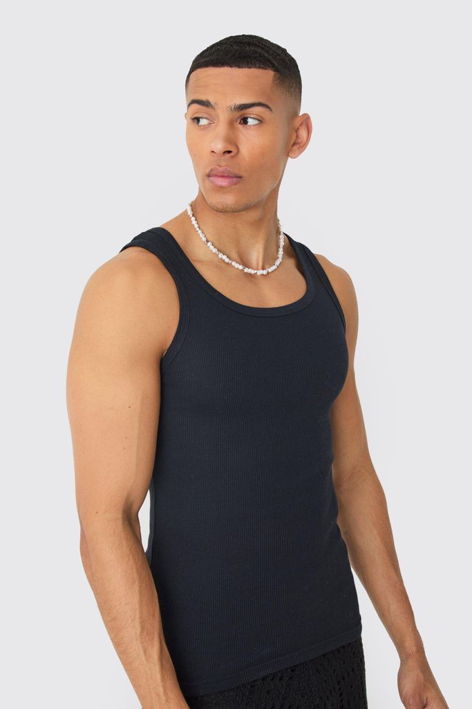 Men's Muscle Fit Ribbed Vest - Black - S, Black