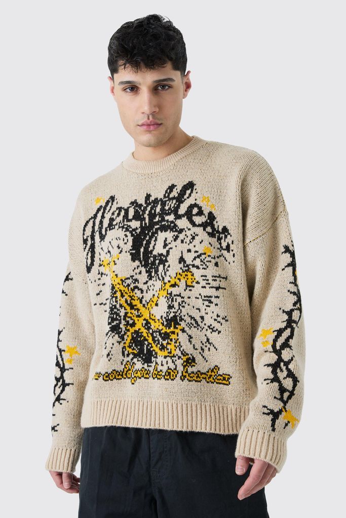 Men's Oversized Boxy Brushed Graphic Knitted Jumper - Beige - S, Beige