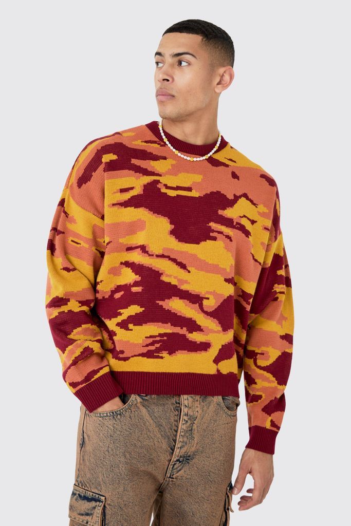 Men's Oversized Boxy Drop Shoulder Abstract Jumper - Red - S, Red