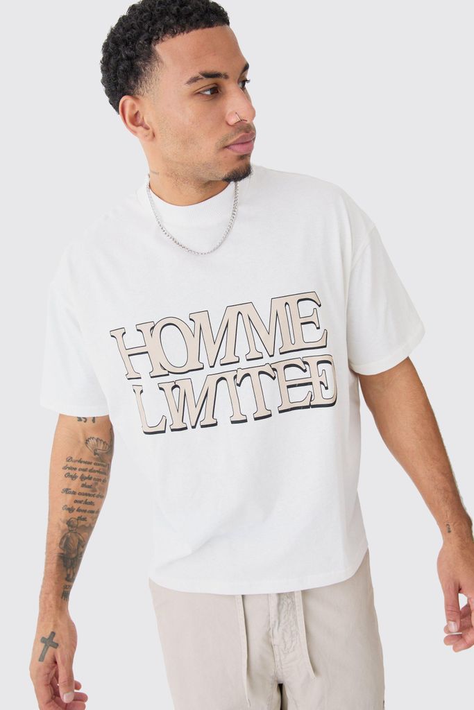 Men's Oversized Boxy Extended Neck Homme Ltd T-Shirt - Cream - S, Cream