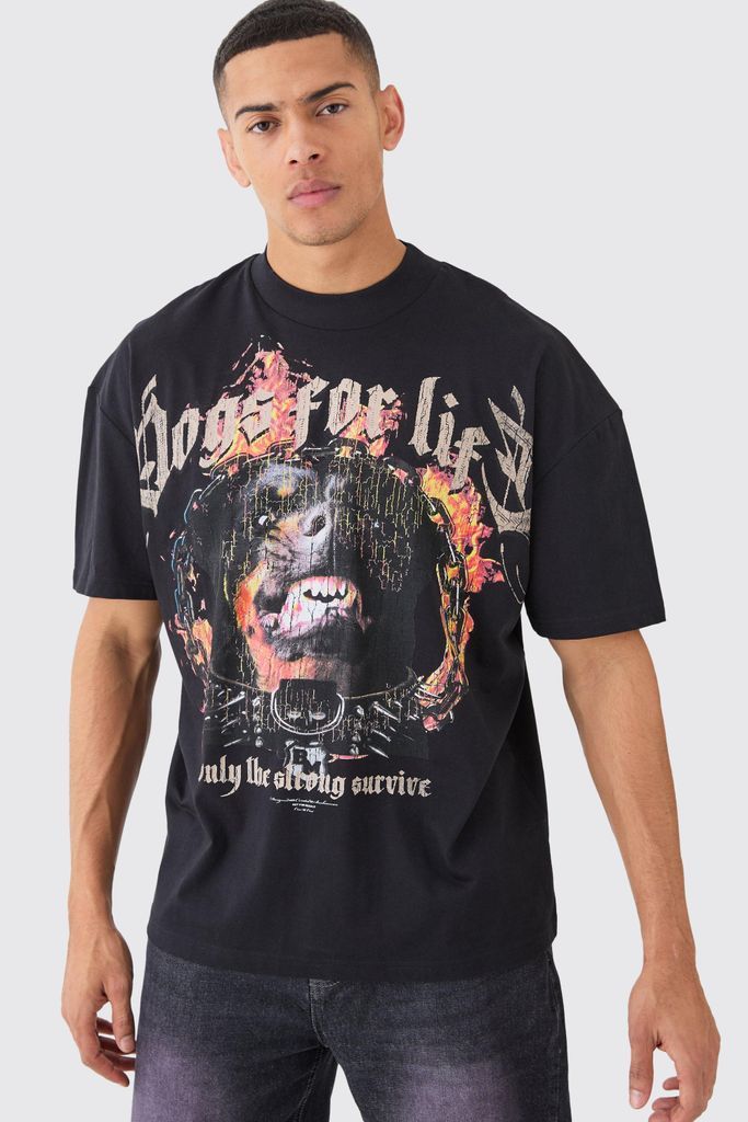 Men's Oversized Distressed Dog Graphic Heavyweight T-Shirt - Black - S, Black