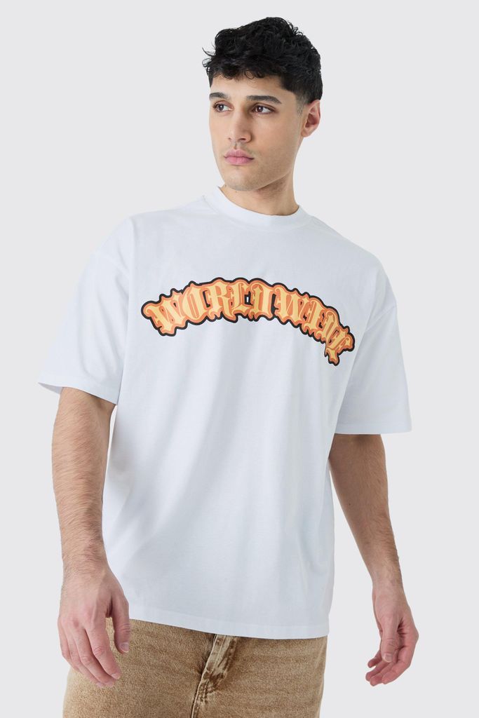 Men's Oversized Extended Neck Worldwide T-Shirt - White - S, White