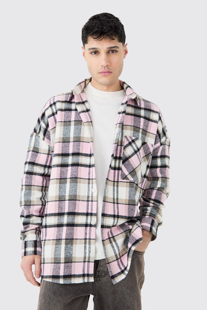 Men's Oversized Heavy Weight Check Overshirt - Pink - S, Pink