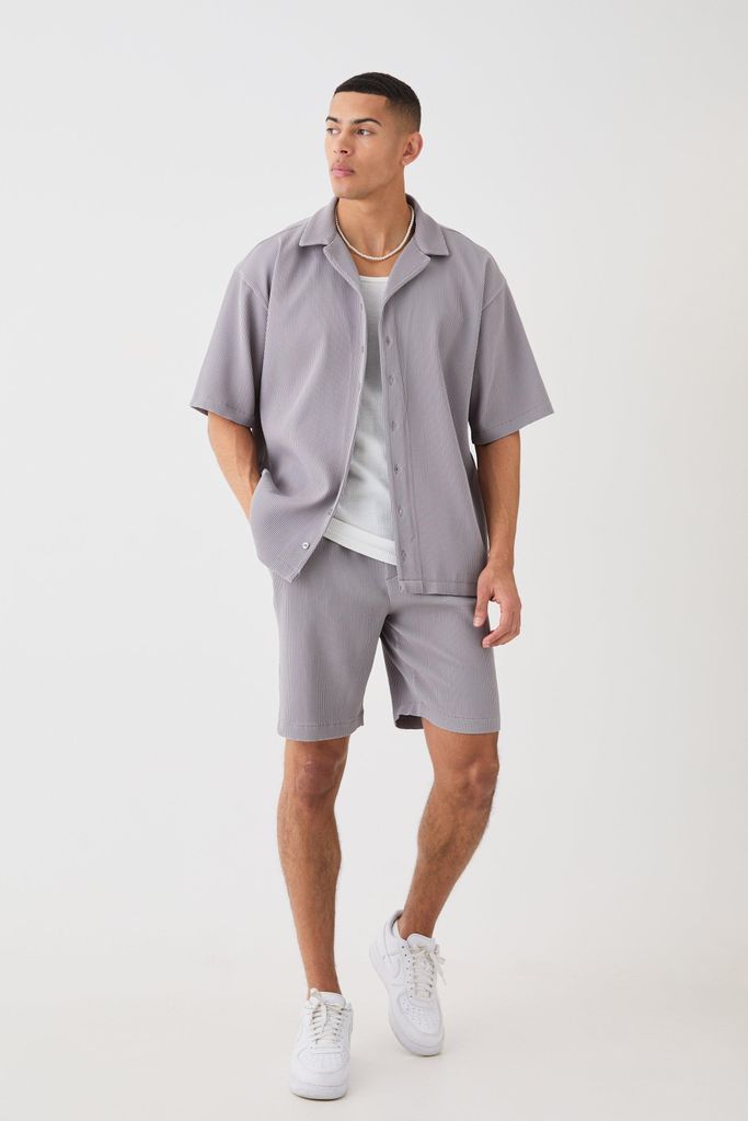 Men's Oversized Short Sleeve Pleated Shirt And Short - Grey - S, Grey