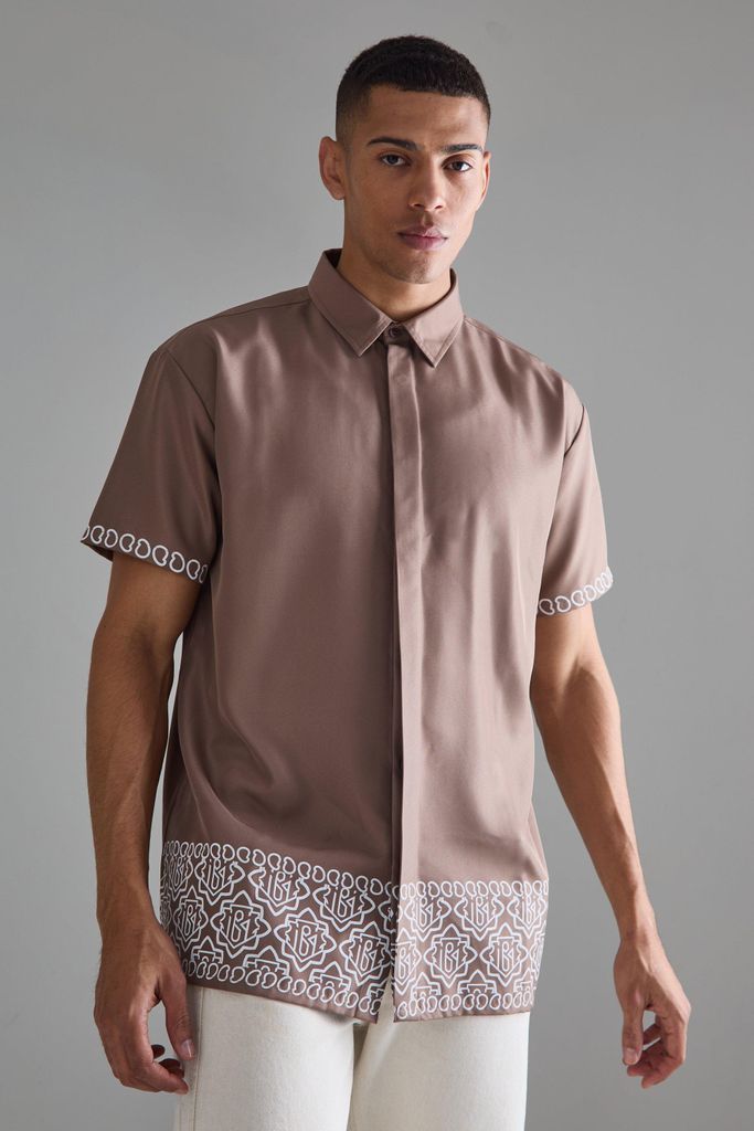 Men's Oversized Soft Twill Printed Hem Shirt - Beige - S, Beige