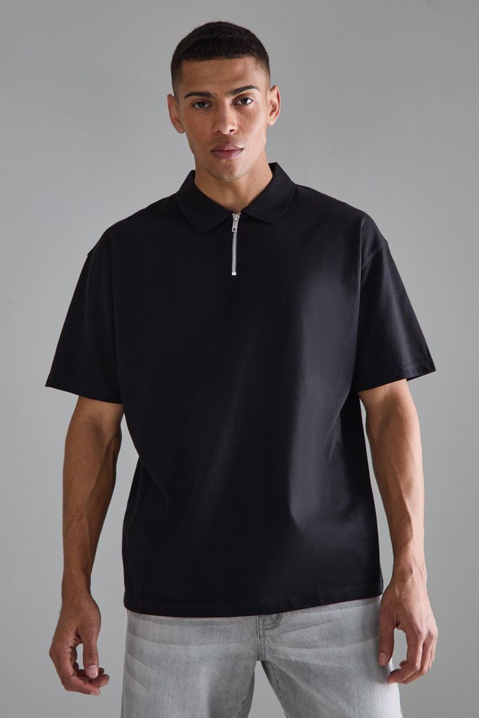 Men's Oversized Zip Neck Polo - Black - S, Black