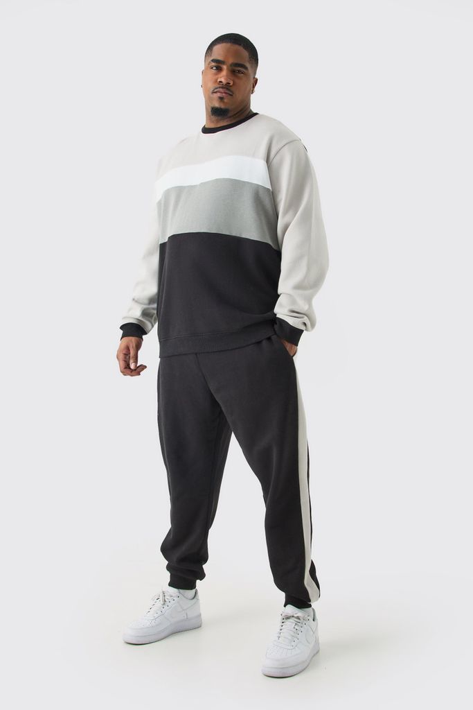 Men's Plus Core Colour Block Jumper Tracksuit - Grey - Xxxl, Grey