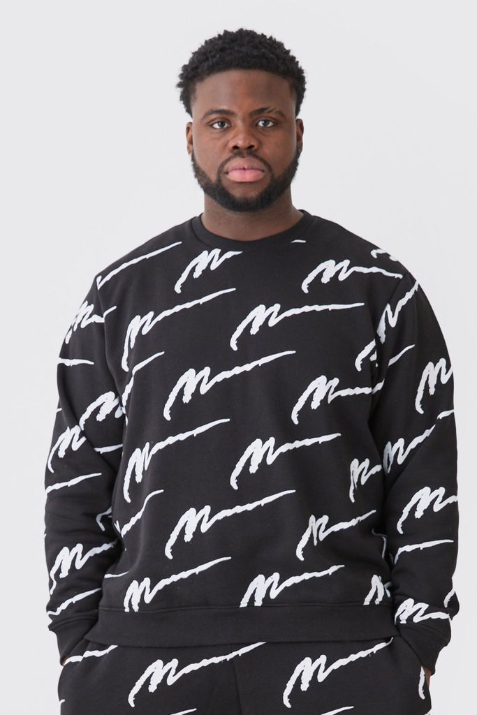 Men's Plus Man Signature All Over Print Oversized Sweatshirt - Black - Xxxl, Black