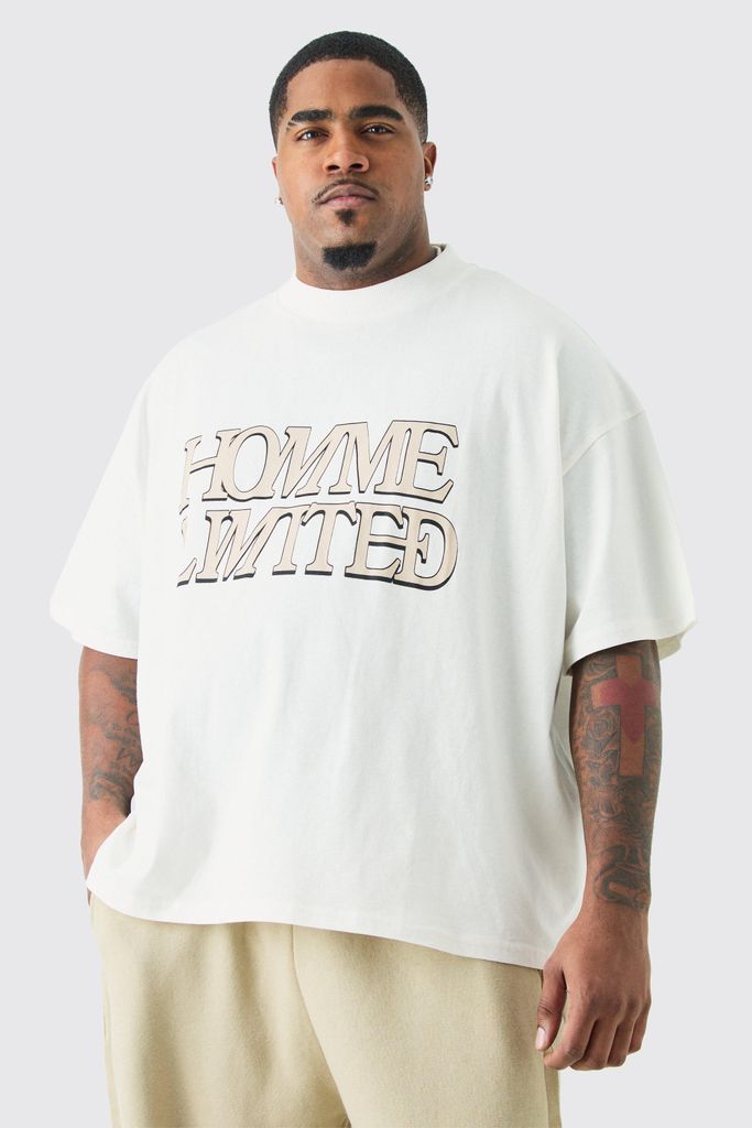 Men's Plus Oversized Boxy Extended Neck Homme Ltd T-Shirt - Cream - Xxxl, Cream