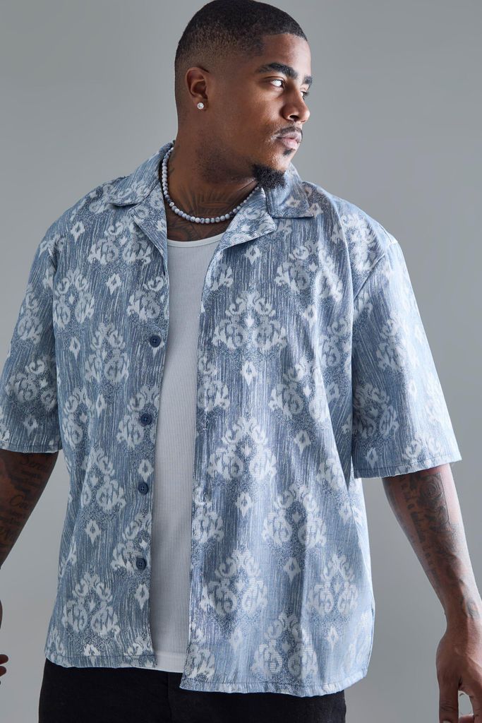 Men's Plus Short Sleeve Textured Drop Revere Shirt In Blue - Xxxl, Blue