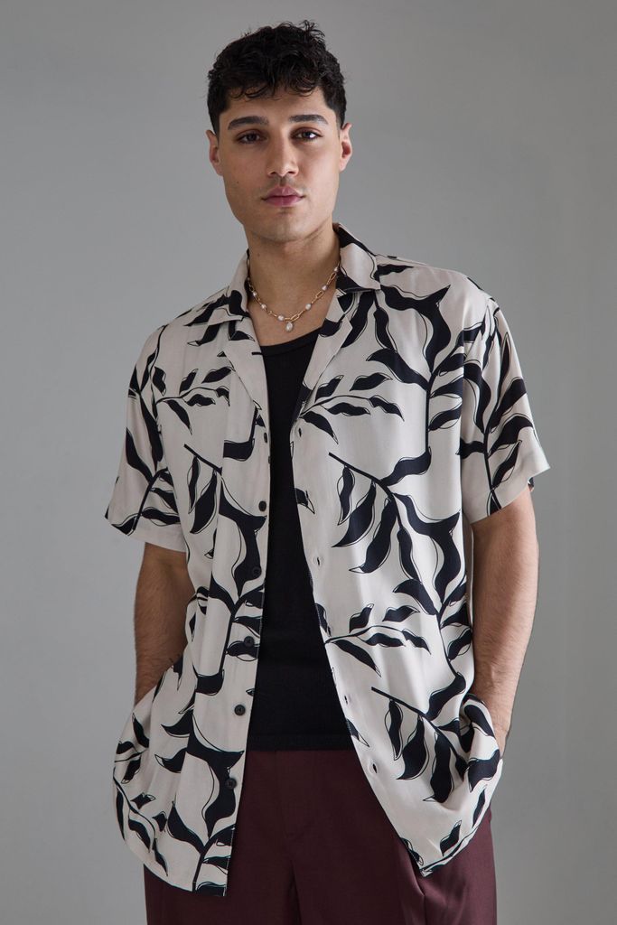 Men's Short Sleeve Oversized Viscose Mono Floral Shirt - Beige - S, Beige