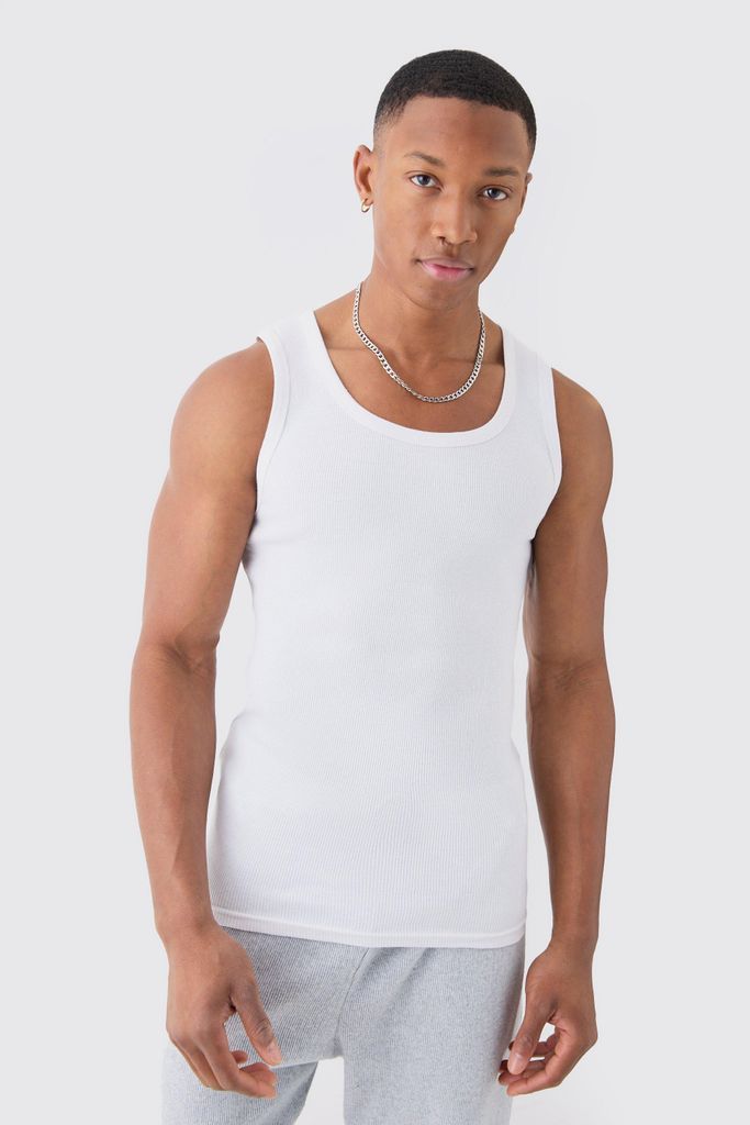Men's Slim Fit Ribbed Vest - White - S, White