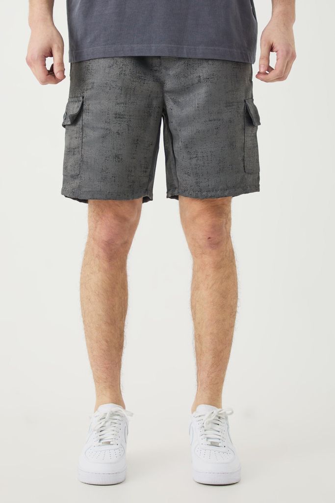Men's Tall Elasticated Waist Textured Cargo Short In Charcoal - Grey - S, Grey
