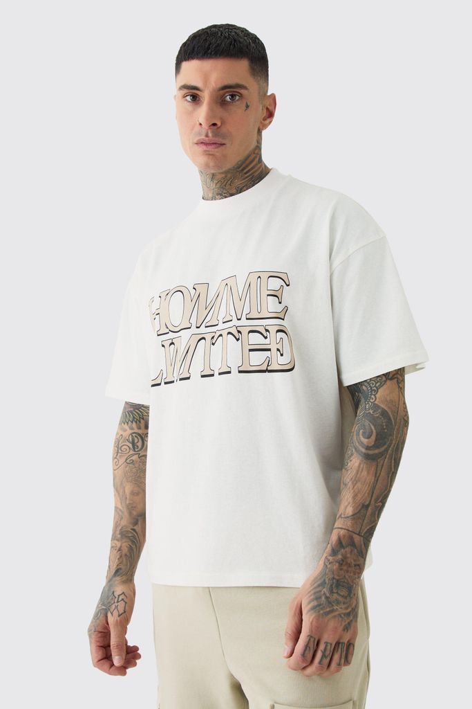 Men's Tall Oversized Boxy Extended Neck Homme Ltd T-Shirt - Cream - S, Cream